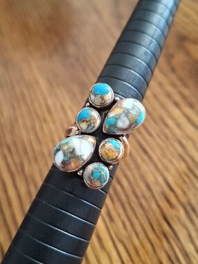 Ring Spiny Oyster Cluster Set In Copper Frame Adjustable Band Sizes 7-8-9